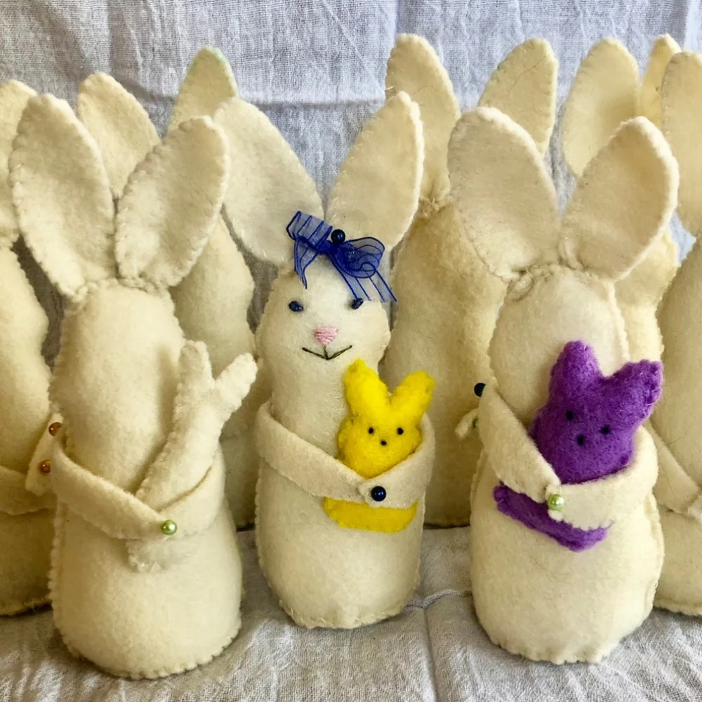 Bunny art doll holding yellow roses hand-sewn handmade heart